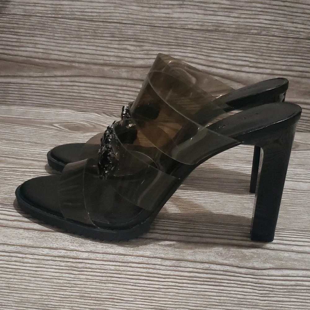 Karl Lagerfeld Brently smoke plastic straps with rhinestones high heels size 8.5